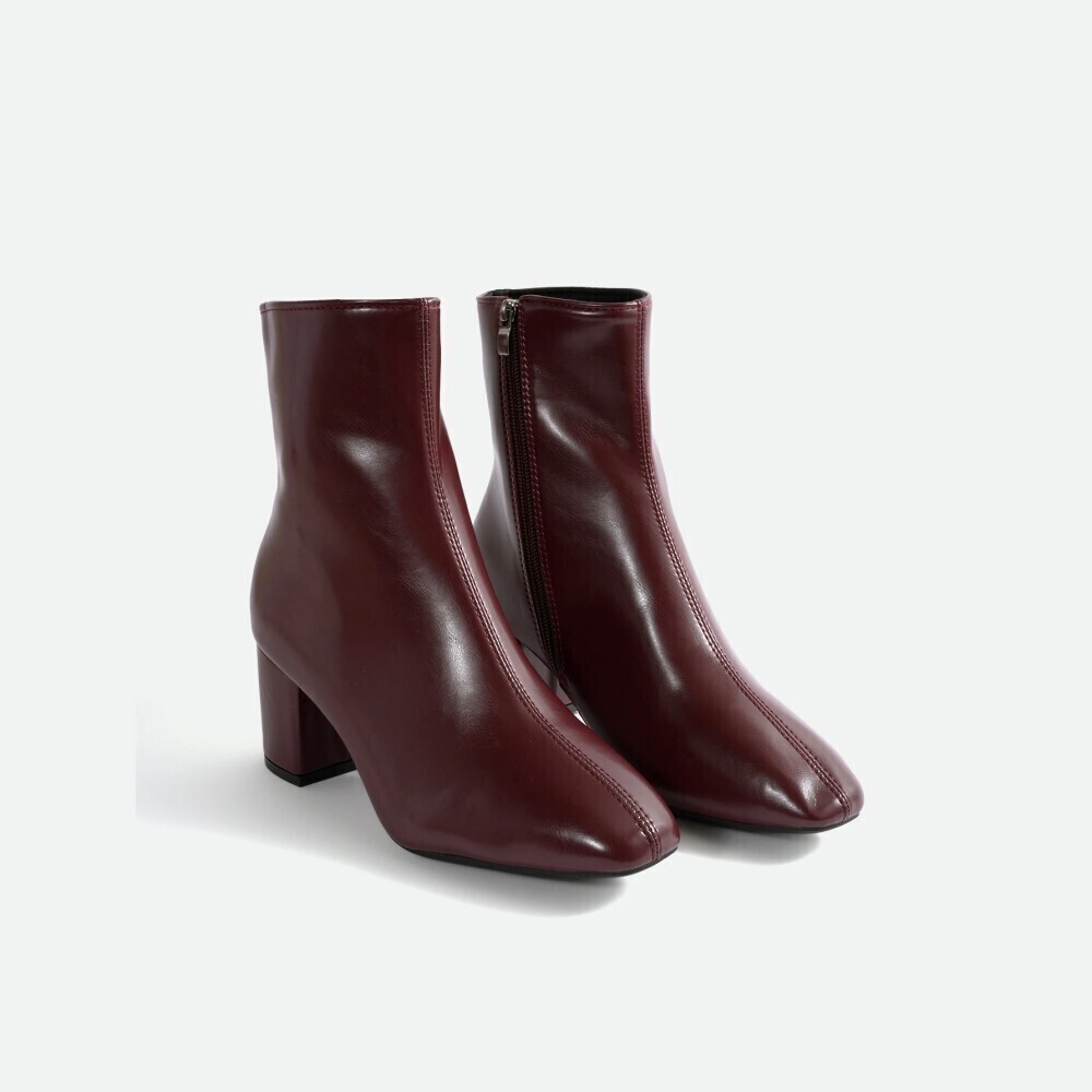 Burgundy Faux Leather Square Toe Block Heel Side Zip Ankle Booties